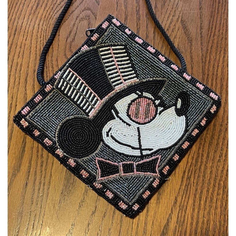 Vintage Disney Mickey Mouse Beaded Crossbody Purse Black Pink JG Hook